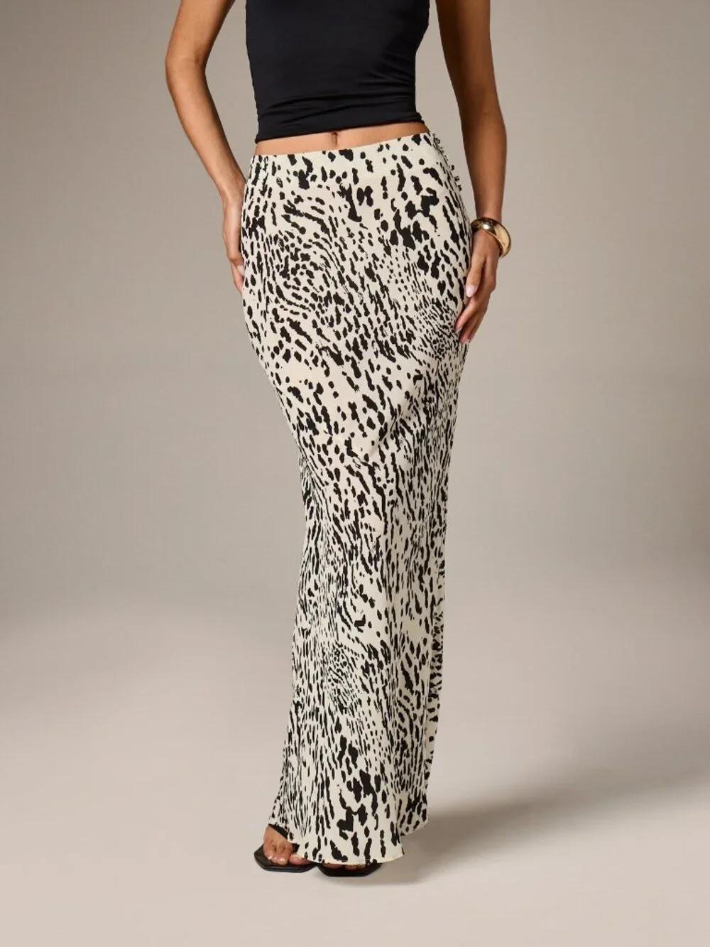 Black And White Elegant Women's Leopard Print Chiffon Maxi Skirt